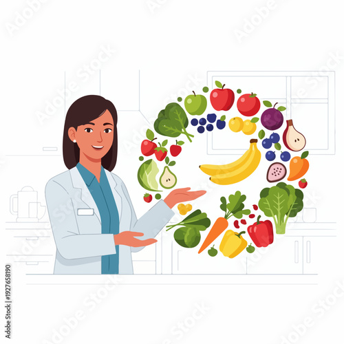 Clean flat vector illustration of a smiling nutritionist presenting healthy food choices