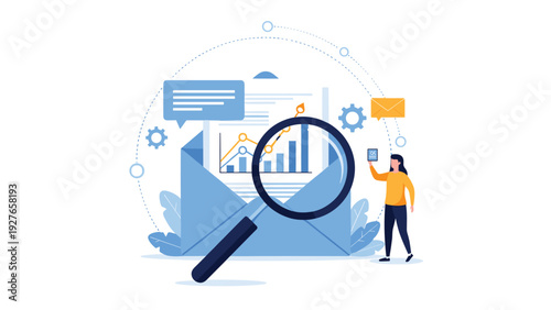 Business data analysis concept with young woman using magnifying glass to inspect financial growth charts from email envelope.