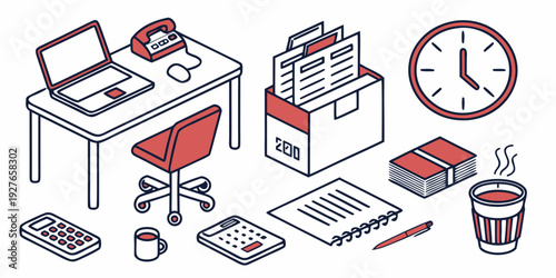 A cluttered desk with various office supplies and a clock indicating time management. Vector