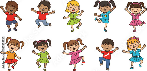 Cartoon children dancing happily in colorful outfits, joyful group activity illustration symbolizing diversity, friendship, fun, energy, and cheerful childhood celebration for educational  