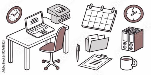 A diverse array of office equipment and furniture in a modern workspace setting Vector