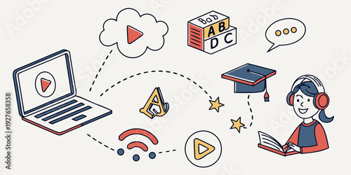 Diverse group of people engaging with educational content on various devices. Vector