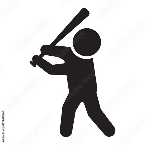 This image displays a minimalist black silhouette of a person on a white background. The figure is depicted in a baseball batting stance, holding a bat with both hands as if preparing to swing. 