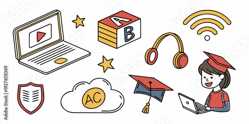 A collection of icons representing various aspects of technology and connectivity. Vector