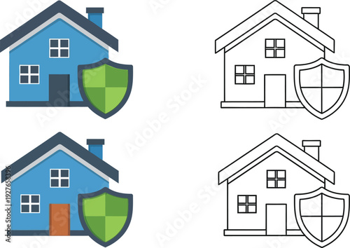 Two house icons with shield emblems one colored and one outline presented in duplicate on transparent background silhouette high quality professional