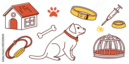 Assorted pet items including a dog house, collar, and various toys Vector