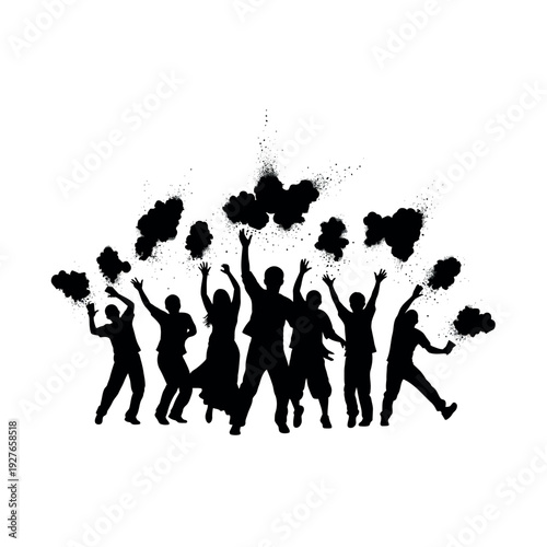 Silhouettes of people celebrating with smoke bombs.