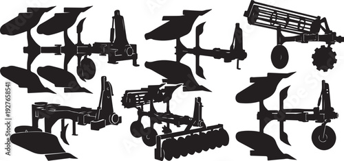 Agricultural machinery silhouettes for farming and cultivation purposes