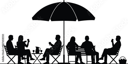 A group enjoys a picnic under a parasol depicted in a striking black silhouette on transparent background high quality professional detailed