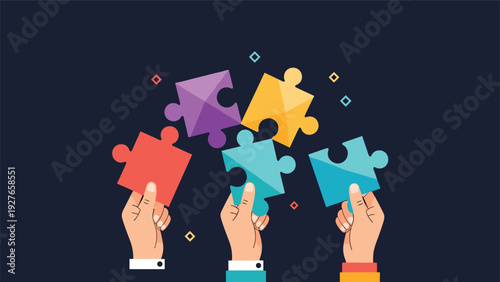 Diverse hands holding colorful puzzle pieces against a dark background symbolizing teamwork and collective problem solving.