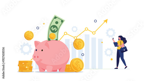 Financial growth concept with a pink piggy bank, stacks of coins, and a woman monitoring business investments on her phone.