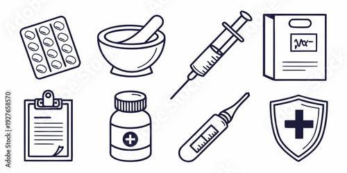 Assorted medical icons representing various healthcare and medical equipment. Vector