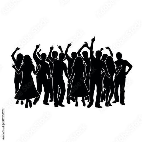 Silhouettes of people dancing at a party or celebration.
