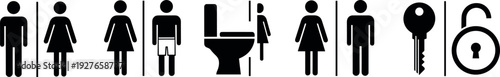 Collection of black restroom icons including male female gender symbols toilet sign key and padlock symbols for public washroom navigation