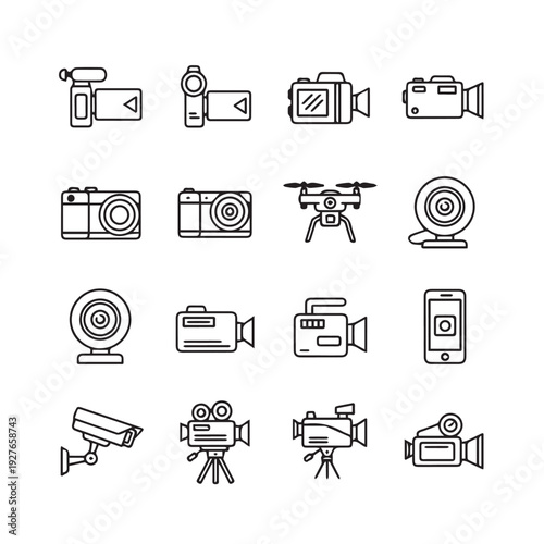 Collection of Camera and Video Devices Icons Line Art Style