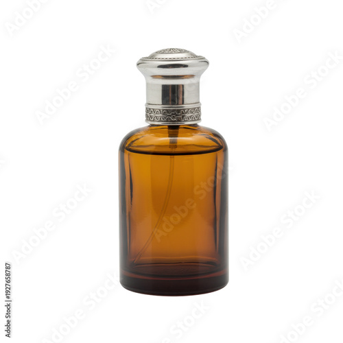 Amber glass perfume bottle with silver cap isolated on a transparent background