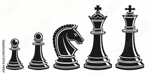 A collection of chess pieces including pawns, knights, and kings Vector