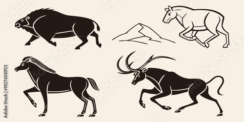 Ancient cave paintings depicting various prehistoric animals in black and white. Vector