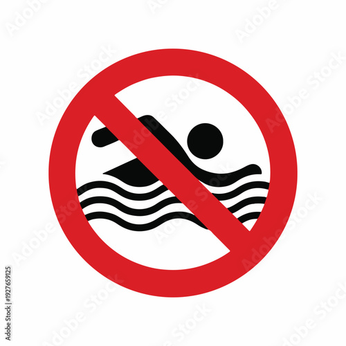 Black swimming person icon with three wavy lines inside a red circle with a diagonal line through it, isolated on white background