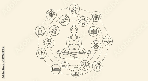 Holistic wellness and balanced lifestyle, showing a meditating person surrounded by icons for health, fitness, nutrition, nature, and community well-being