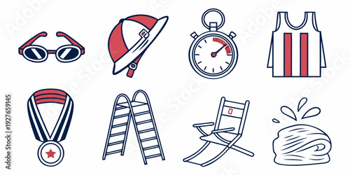 A collection of various sports equipment and medals showcasing different athletic activities Vector