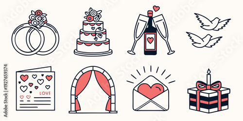 A collection of various wedding and anniversary symbols and icons Vector