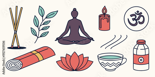 A collection of various yoga and meditation items arranged neatly on a surface Vector