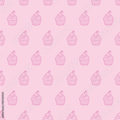 Vector seamless cute pattern with pink cupcakes with cherries on a light pink background