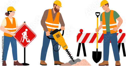 Construction workers roadwork illustration set, safety helmet vest icons, jackhammer shovel barrier teamwork, occupational labor site vector design with warning sign