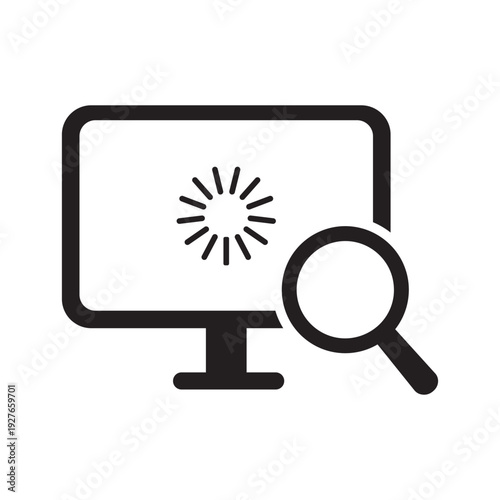 Computer system processing icon. Monitor with loading or buffering symbol and magnifying glass. Data analysis, progress tracking, and software update concept.