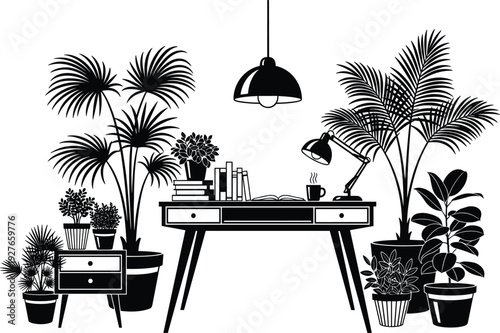 Stylish cozy workspace interior with desk, books, coffee mug, lamp, pendant light, and lush indoor plants, modern black and white home office illustration design