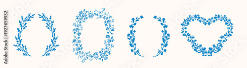 Hand drawn flowers , wreaths, frames. Sketched style flower composition bouquets. Naive design. Spring, summer botanical art.