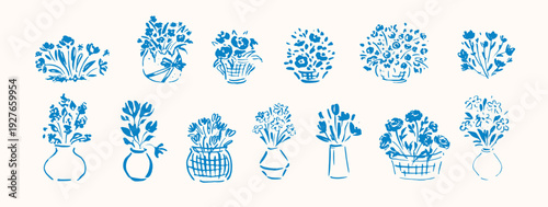 Hand drawn flowers in vases, wicker baskets. Sketched style flower composition bouquets. Naive design. Spring, summer botanical art.