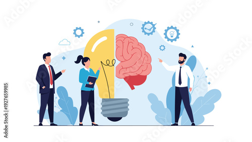 Diverse business professionals stand beside a giant light bulb and human brain graphic symbolizing innovation and intelligence.