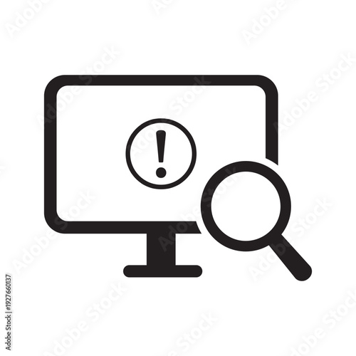 Computer system error alert icon. Monitor with exclamation mark symbol and magnifying glass. Digital warning, software problem, and hardware failure notification.
