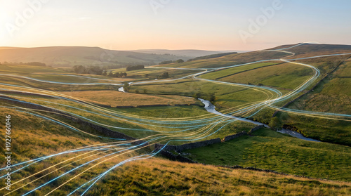 Tableau sur toile Abstract digital data lines flowing through a tranquil rural landscape at sunrise, symbolizing global network connectivity and modern information technology