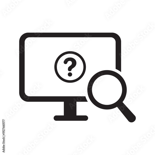 Computer help and FAQ icon. Monitor with question mark symbol and magnifying glass. Online support, customer service, information search, and user guide concept.