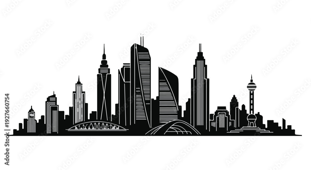 Fototapeta premium Dynamic modern urban cityscape featuring diverse architectural landmarks