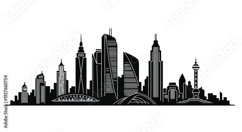 Dynamic modern urban cityscape featuring diverse architectural landmarks