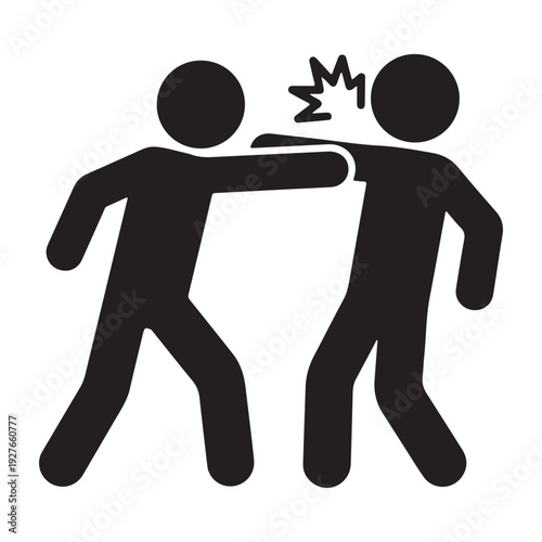 Black silhouette vector icon of one person punching another person in the face with a starburst impact graphic