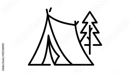 Camping Tent and Pine Tree Line Art Icon