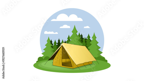 Camping Tent in Forest Flat Vector Illustration