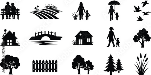 Collection of black silhouette icons depicting people houses trees and landscapes
