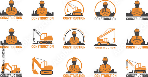 Construction industry icons set, workers with hard hats, excavator, crane, construction site illustration, engineering design elements, orange black white branding graphics
