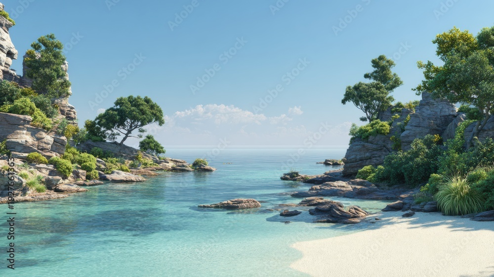 Fototapeta premium Serene Tropical Cove with Crystal Clear Water and Lush Greenery Under Bright Blue Sky