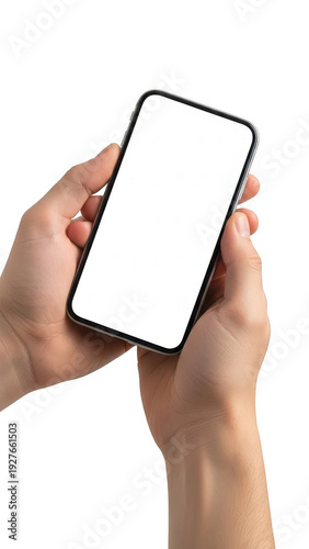 Hands holding a smartphone with blank screen isolated on transparent background