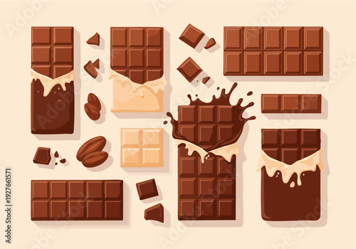 Assorted Chocolate Bars and Cocoa Pieces Flat Lay Sweet Dessert Background Illustration