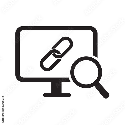 Desktop monitor showing a chain link symbol with a magnifying glass. Concepts include SEO link building, network connectivity, hyperlink auditing, security checking, and digital integration.