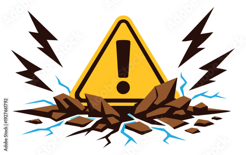 Graphic illustration of a warning sign depicting ground breaking with lightning bolts for danger concepts