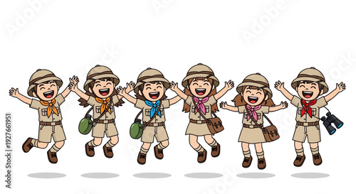 A group of happy children dressed in safari explorer outfits are jumping together joyfully